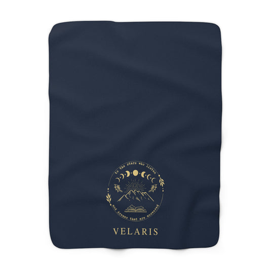 Sherpa Fleece Blanket - Velaris sigil Acotar Throw Blanket Navy Blue and Gold Night Court Decor Bedding, Bedroom Fantasy Decorations Fleece.