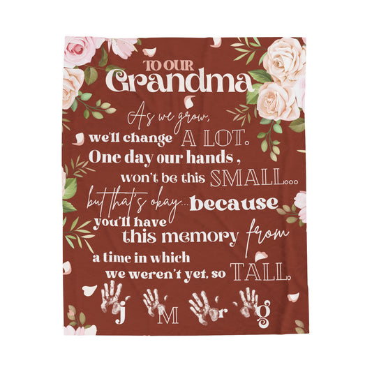 Plush Fleece Blanket for Grandma with Grandchildrens Handprints, Mothers Day Gift for Grandmother, Retro Boho, Terracotta