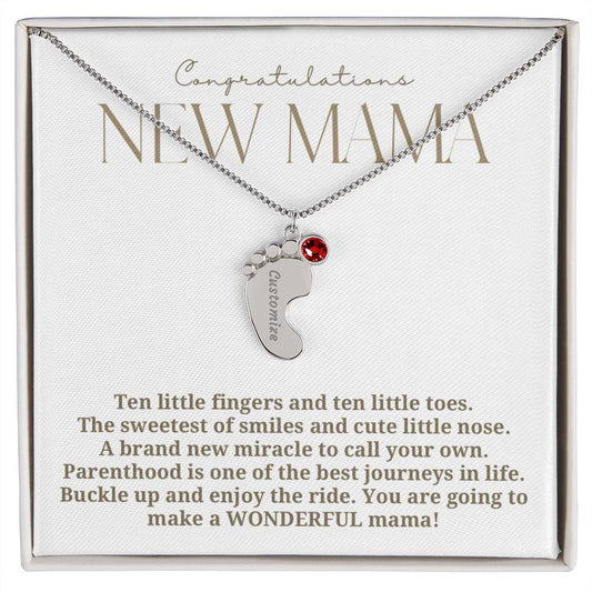 Elegant modern minimalist New Mom Baby feet necklace with birthstone