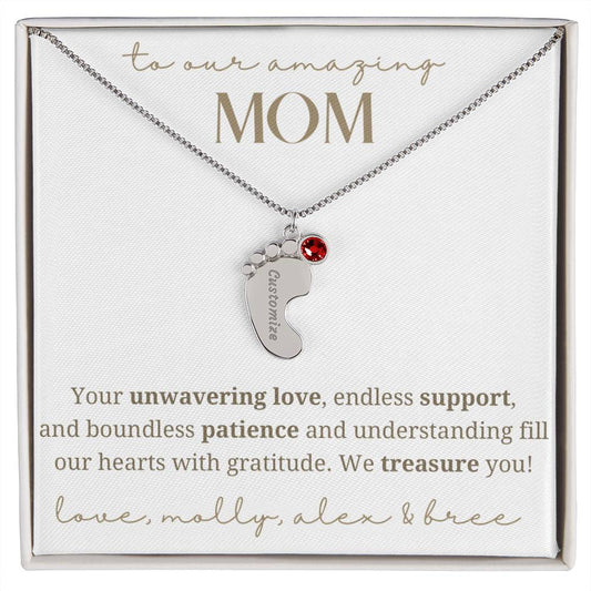 To Our Mom Baby Foot Birthstone Necklace