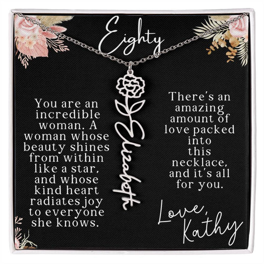 80th tropical card with name necklace
