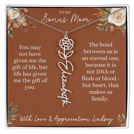Rust and Ivory Bonus Mom Name Necklace with Birth Flower