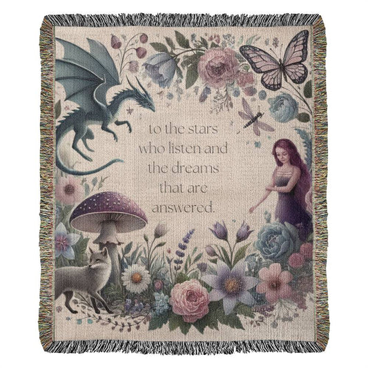 Heirloom Woven Blanket - Romantasy Fantasy Design with ACOTAR Fairies, Dragons, and Floral Motifs Gift for Reader Bookstagram Merch
