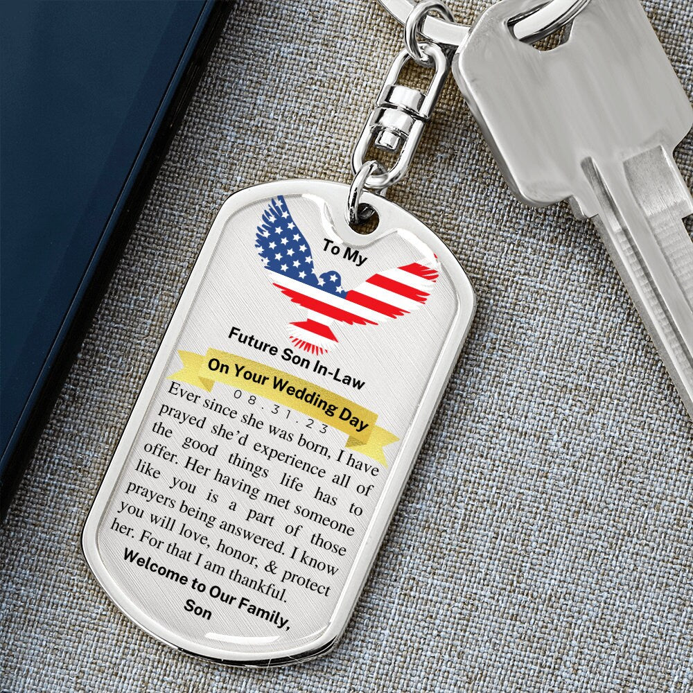 Day of Wedding Gift for Future Son in Law, Dog Tag Keychain, Personalized with Wedding Date, From Father of the Bride, Gift from Dad to Son