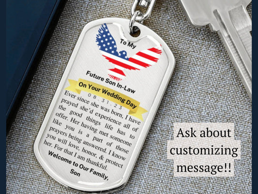 Day of Wedding Gift for Future Son in Law, Dog Tag Keychain, Personalized with Wedding Date, From Father of the Bride, Gift from Dad to Son