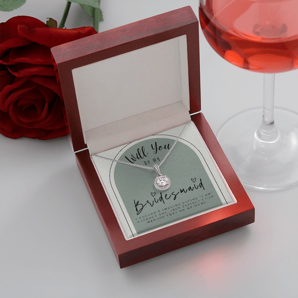 Wood Bridesmaid Proposal Box w/ LeD Light & Necklace on Sage Background