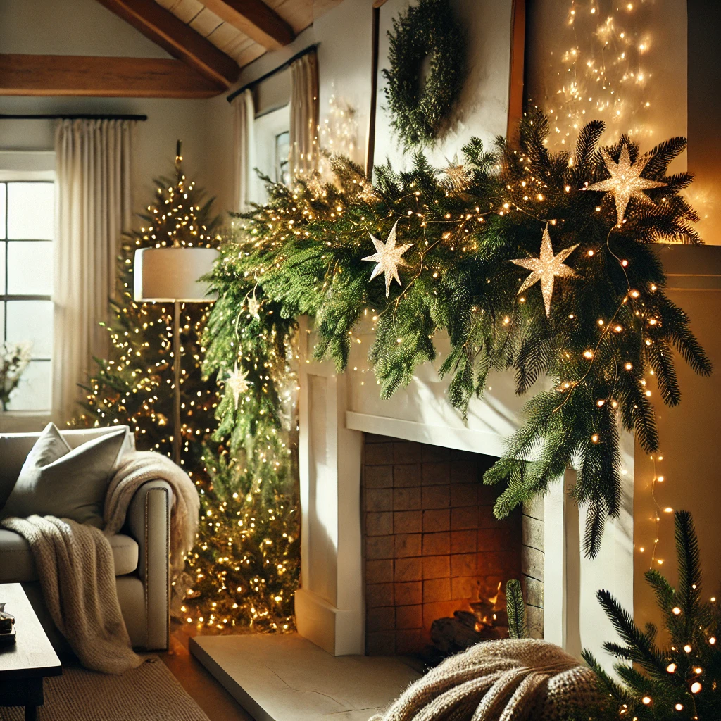 Acotar themed mantel for Christmas Sostice Yule with stars and twinkle lights faerie lights and pine garland mantel