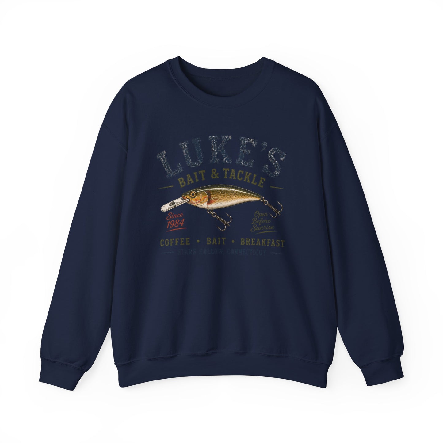 Luke’s Bait & Tackle Crewneck Sweatshirt — Vintage Fishing Shop Pullover