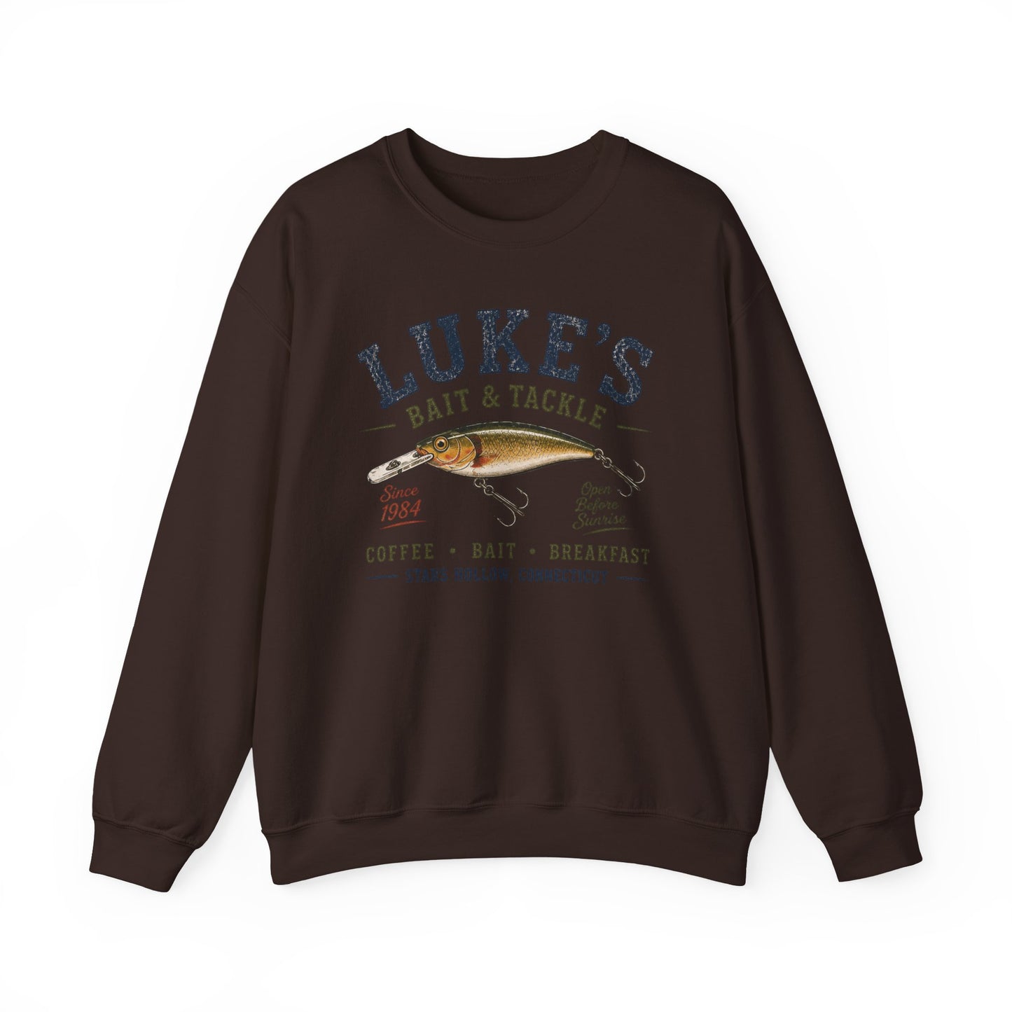 Luke’s Bait & Tackle Crewneck Sweatshirt — Vintage Fishing Shop Pullover