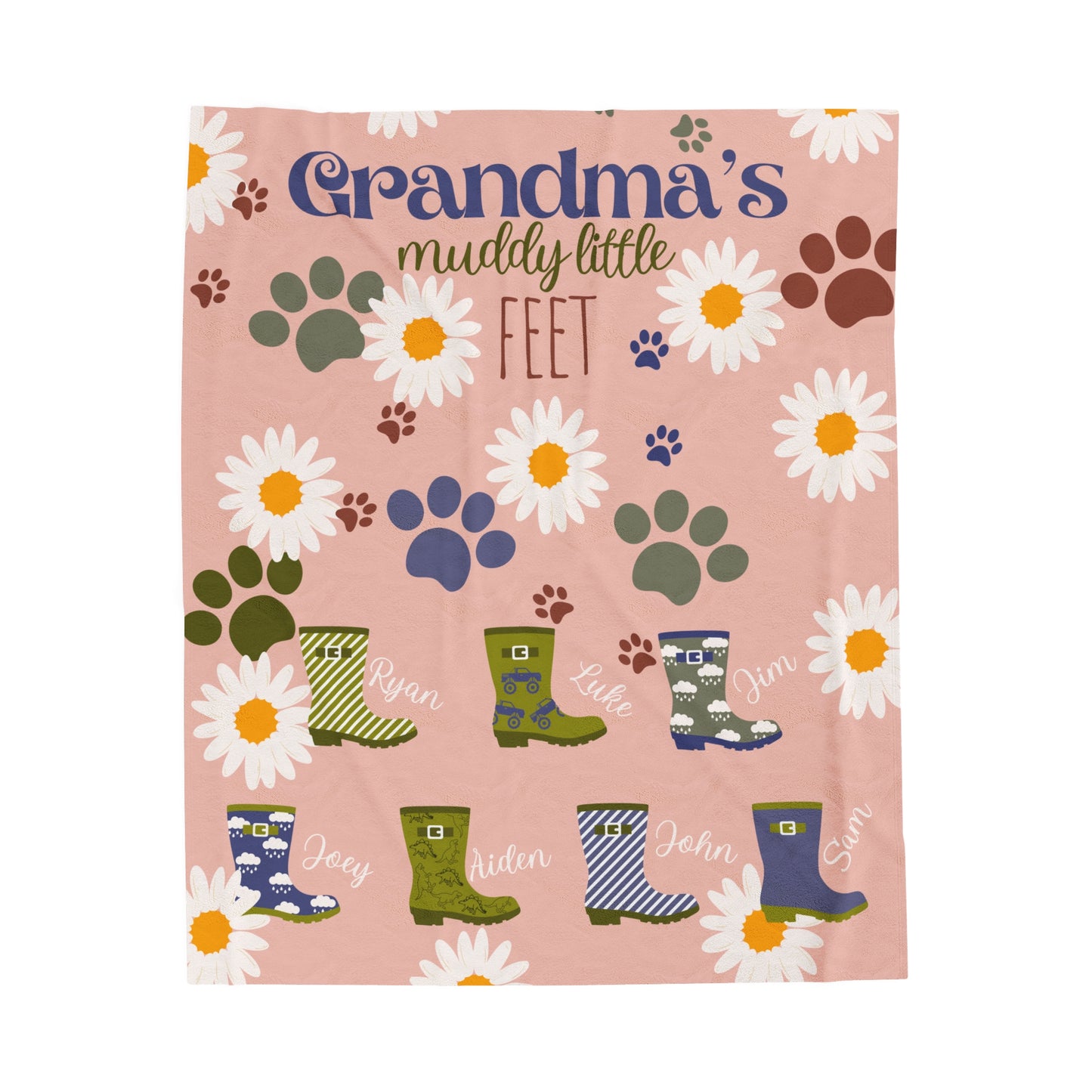 Custom Grandkids Blanket for Grandmother Gift, Mothers Day, Birthday, Spring, Rain Boots, Personalized, Plush Blanket