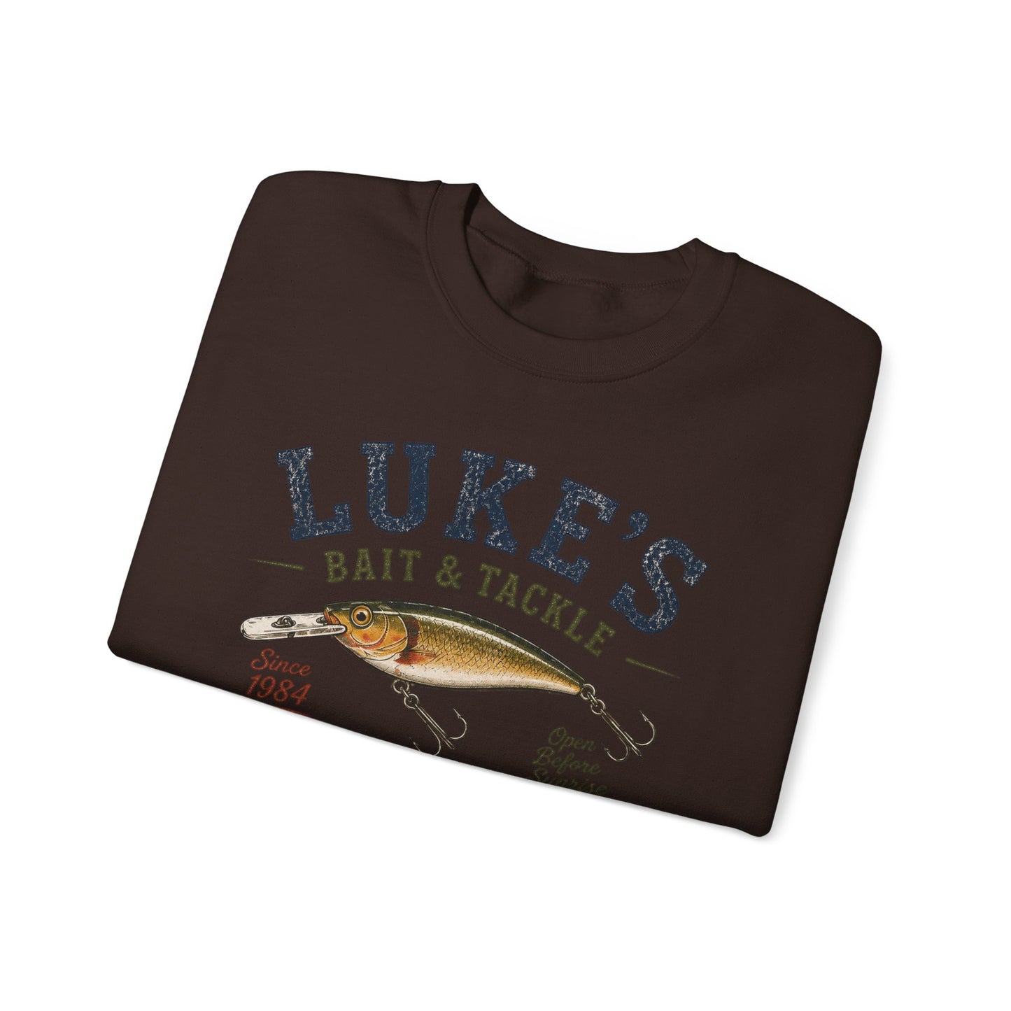 Luke’s Bait & Tackle Crewneck Sweatshirt — Vintage Fishing Shop Pullover