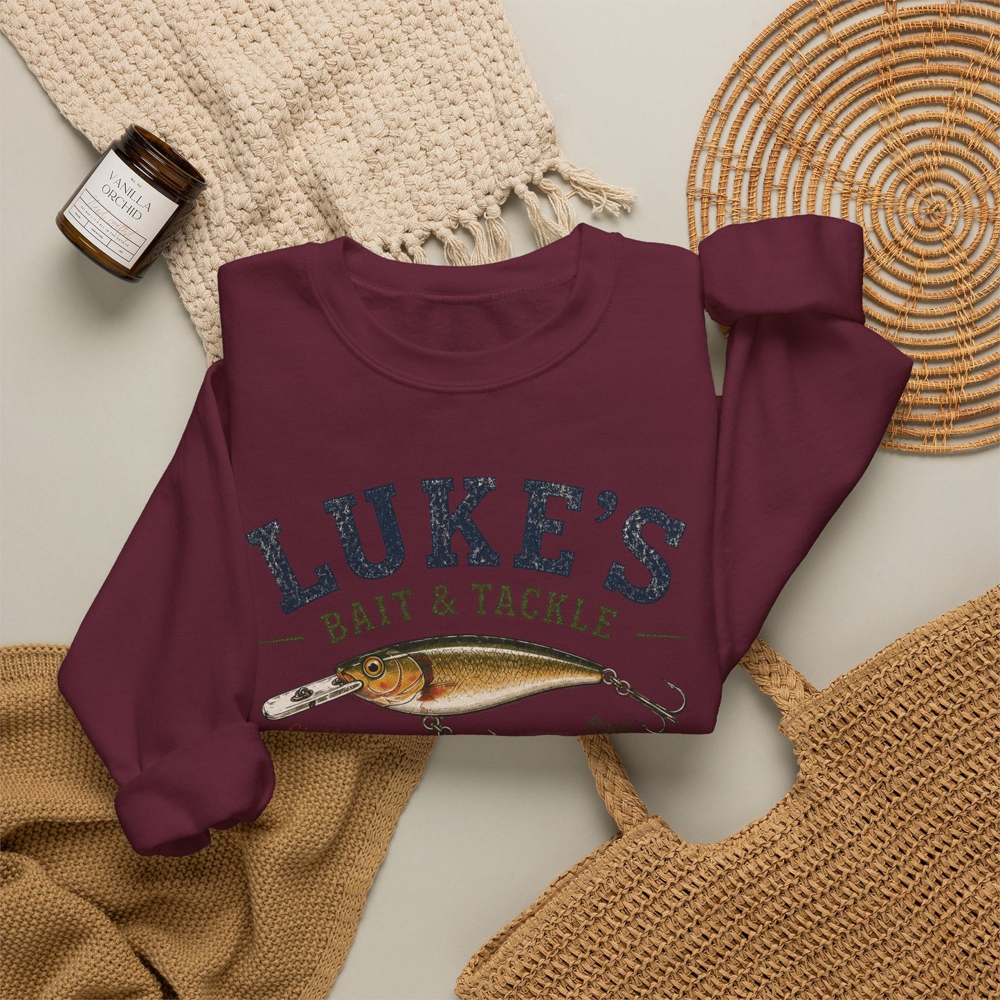 Luke’s Bait & Tackle Crewneck Sweatshirt — Vintage Fishing Shop Pullover
