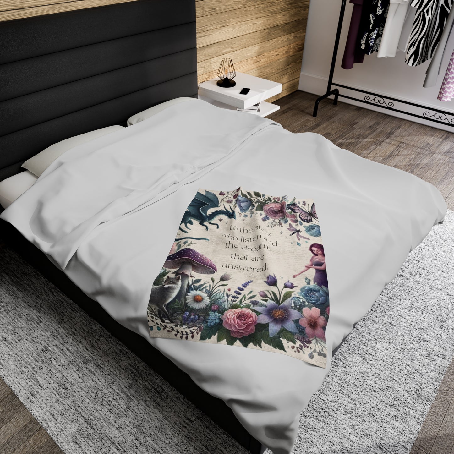 Bookish Fleece Blanket, To the Stars Romantasy Throw with Fairies, Dragons, and Florals, Bookstagram Merch, Acotar Gift for Reader