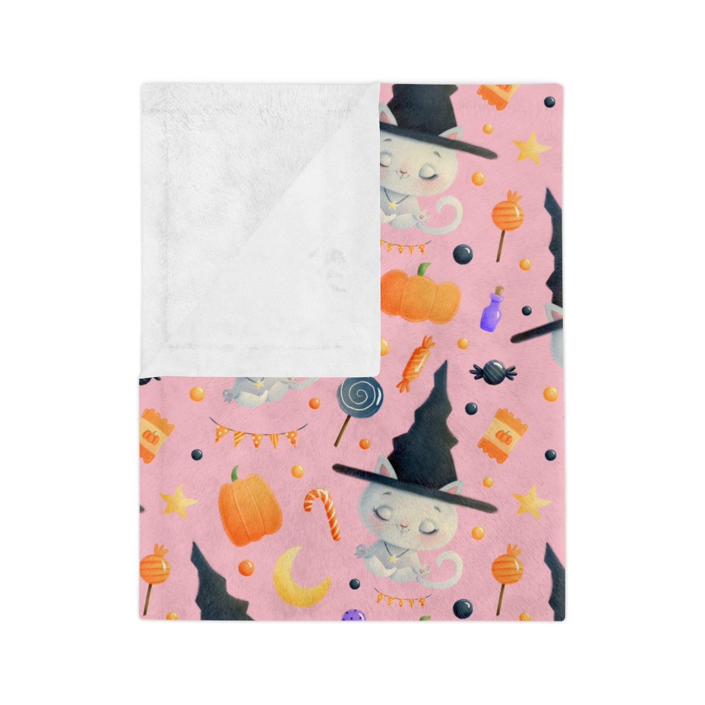 Cute Cat Halloween Blanket, Velveteen Minky for Spooky Season, Girls Throw Blanket, Halloween Witch Cat Blanket, Pink Halloween Baby Blanket