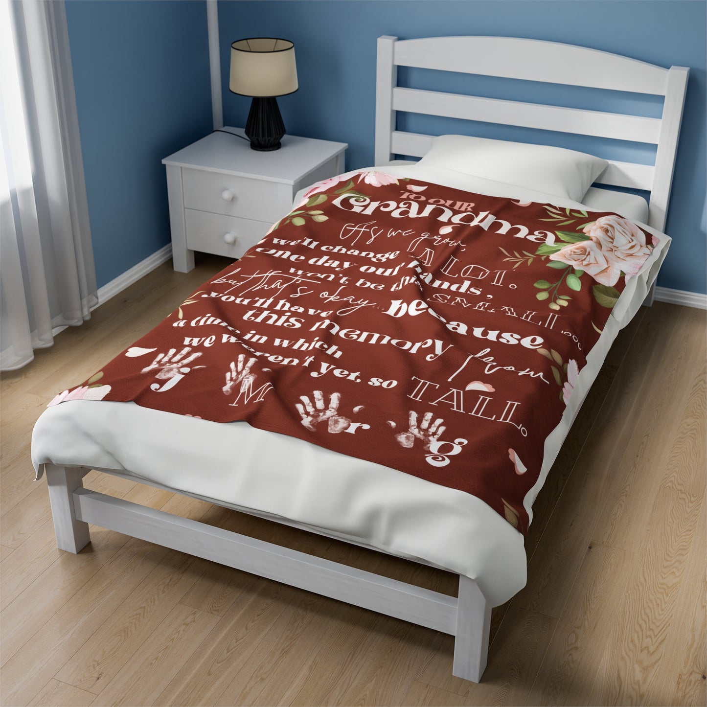 Plush Fleece Blanket for Grandma with Grandchildrens Handprints, Mothers Day Gift for Grandmother, Retro Boho, Terracotta