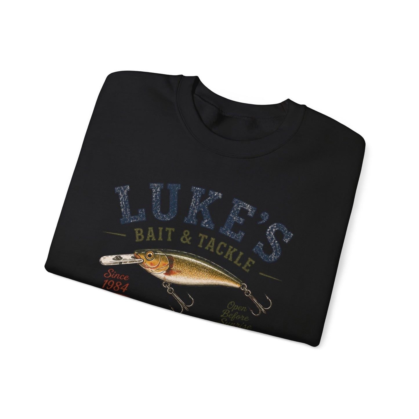 Luke’s Bait & Tackle Crewneck Sweatshirt — Vintage Fishing Shop Pullover
