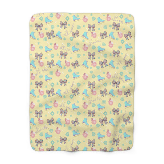 Cute yellow and purple Christmas baby blanket crib blanket toddler bed girls bedroom decor winter ice skating