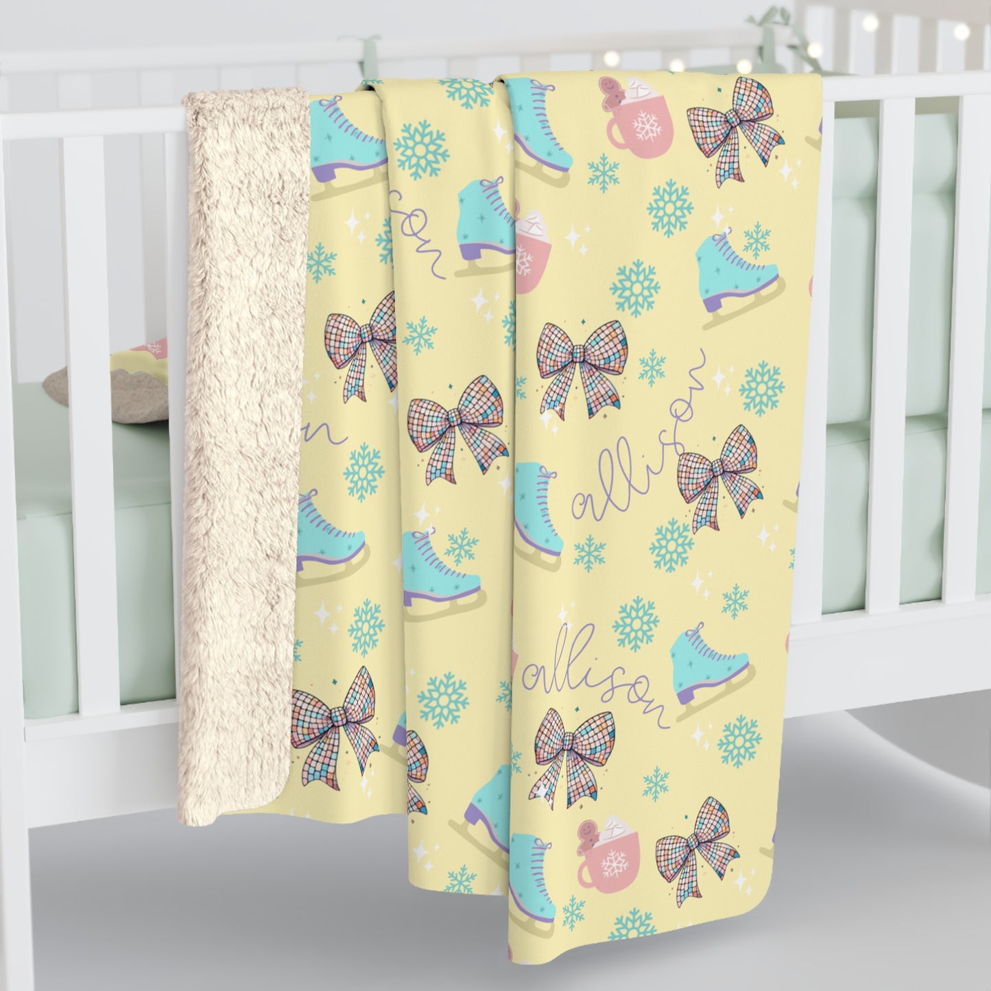 Cute yellow and purple Christmas baby blanket crib blanket toddler bed girls bedroom decor winter ice skating