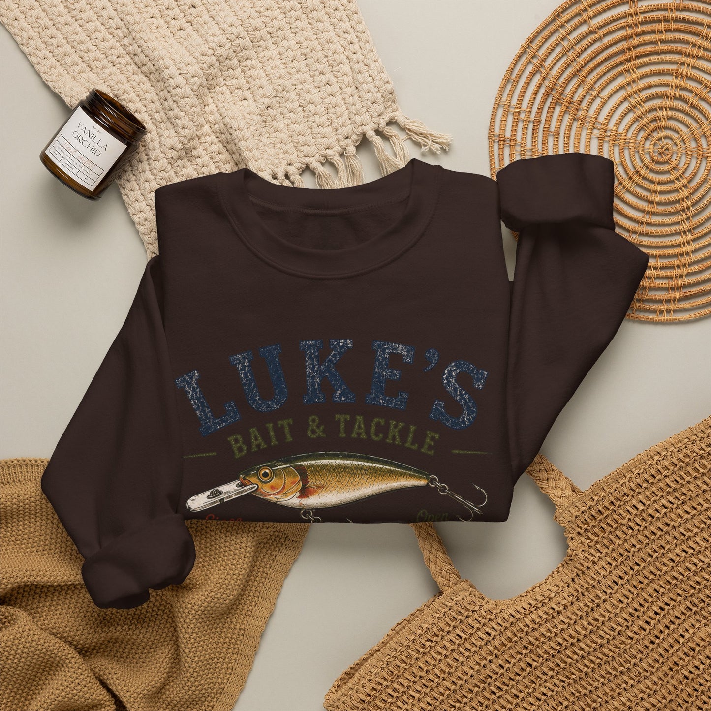Luke’s Bait & Tackle Crewneck Sweatshirt — Vintage Fishing Shop Pullover