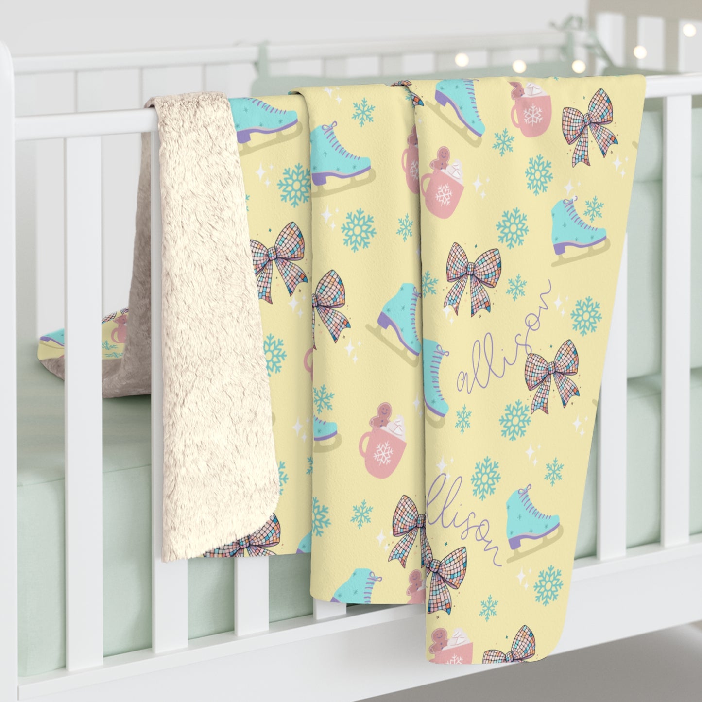 Cute yellow and purple Christmas baby blanket crib blanket toddler bed girls bedroom decor winter ice skating
