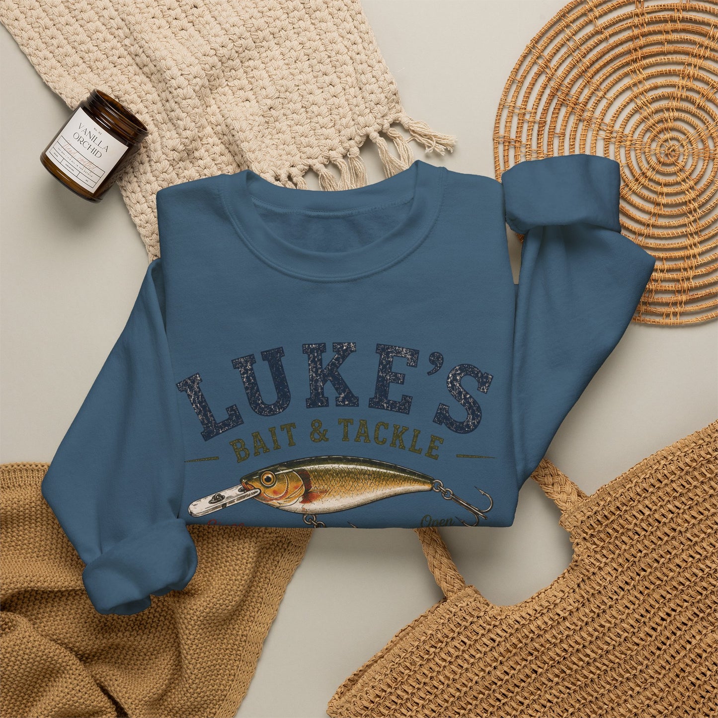 Luke’s Bait & Tackle Crewneck Sweatshirt — Vintage Fishing Shop Pullover