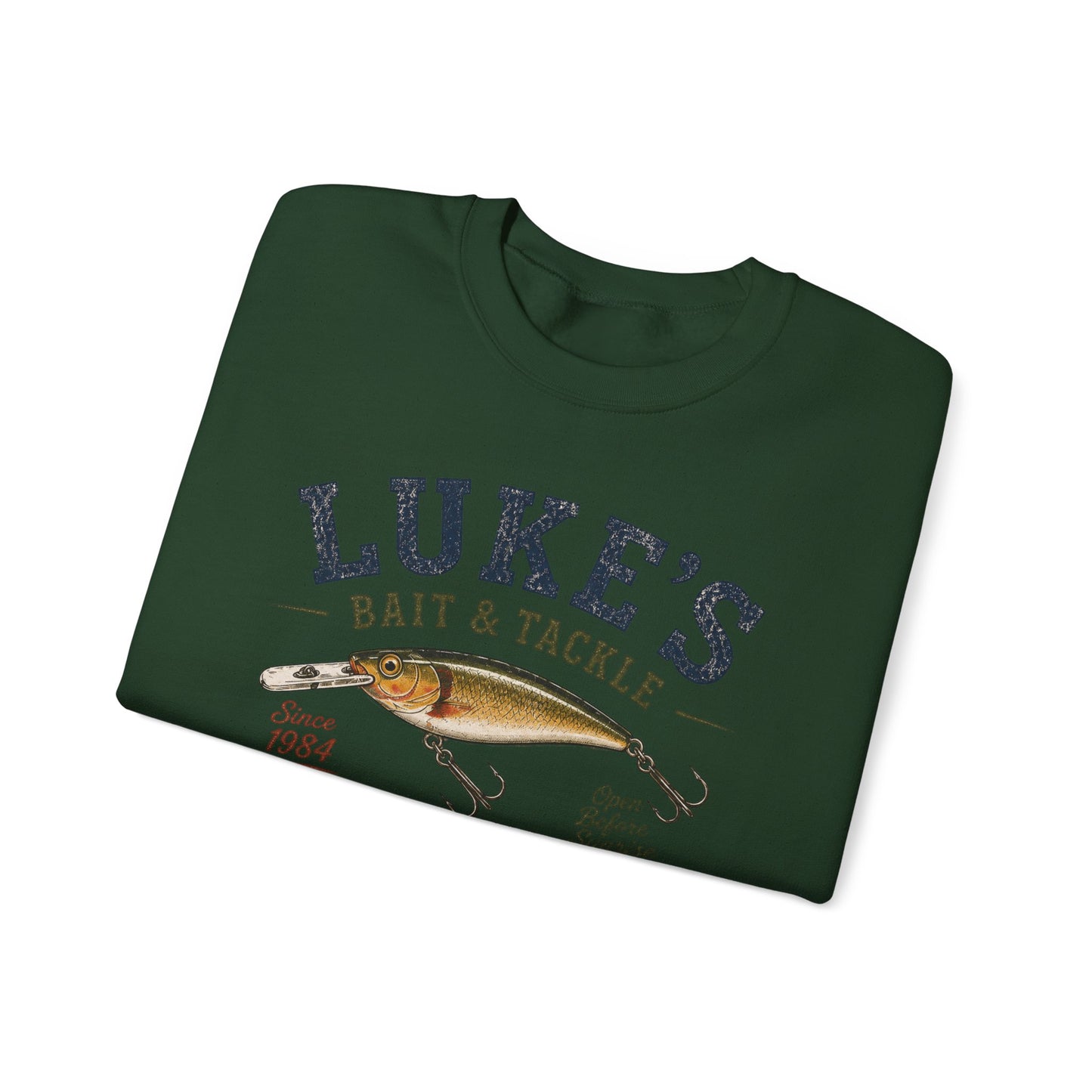 Luke’s Bait & Tackle Crewneck Sweatshirt — Vintage Fishing Shop Pullover