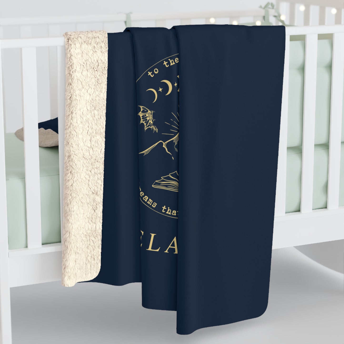 Sherpa Fleece Blanket - Velaris sigil Acotar Throw Blanket Navy Blue and Gold Night Court Decor Bedding, Bedroom Fantasy Decorations Fleece.