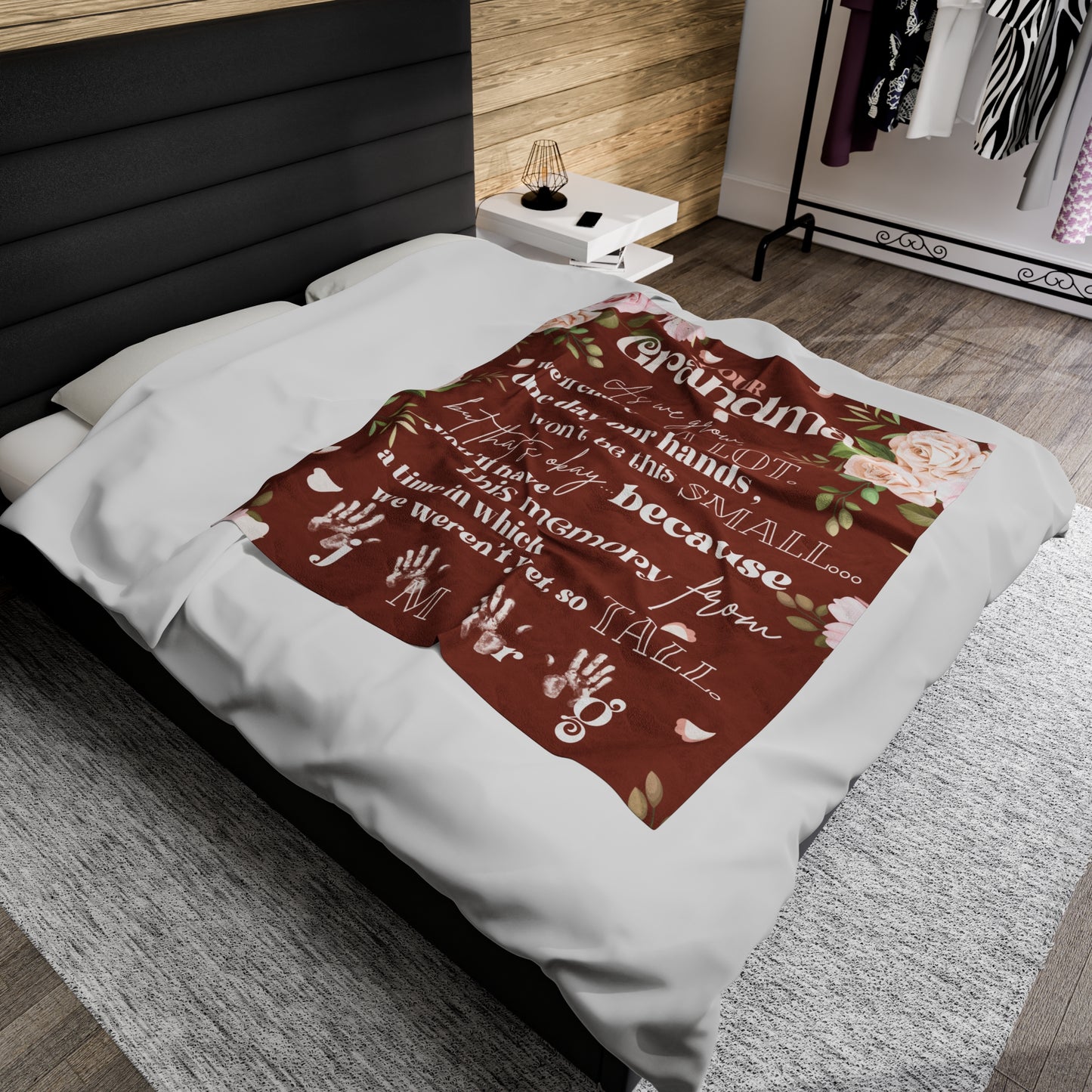 Plush Fleece Blanket for Grandma with Grandchildrens Handprints, Mothers Day Gift for Grandmother, Retro Boho, Terracotta