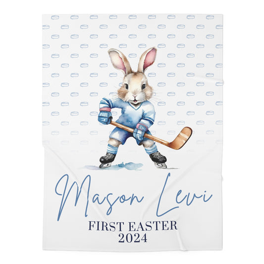 First Easter Gift, Personalized Baby Blanket, Hockey Baby Gift, Bunny Blanket, Easter Blanket, Baby Shower Gift Birthday Gift Hockey