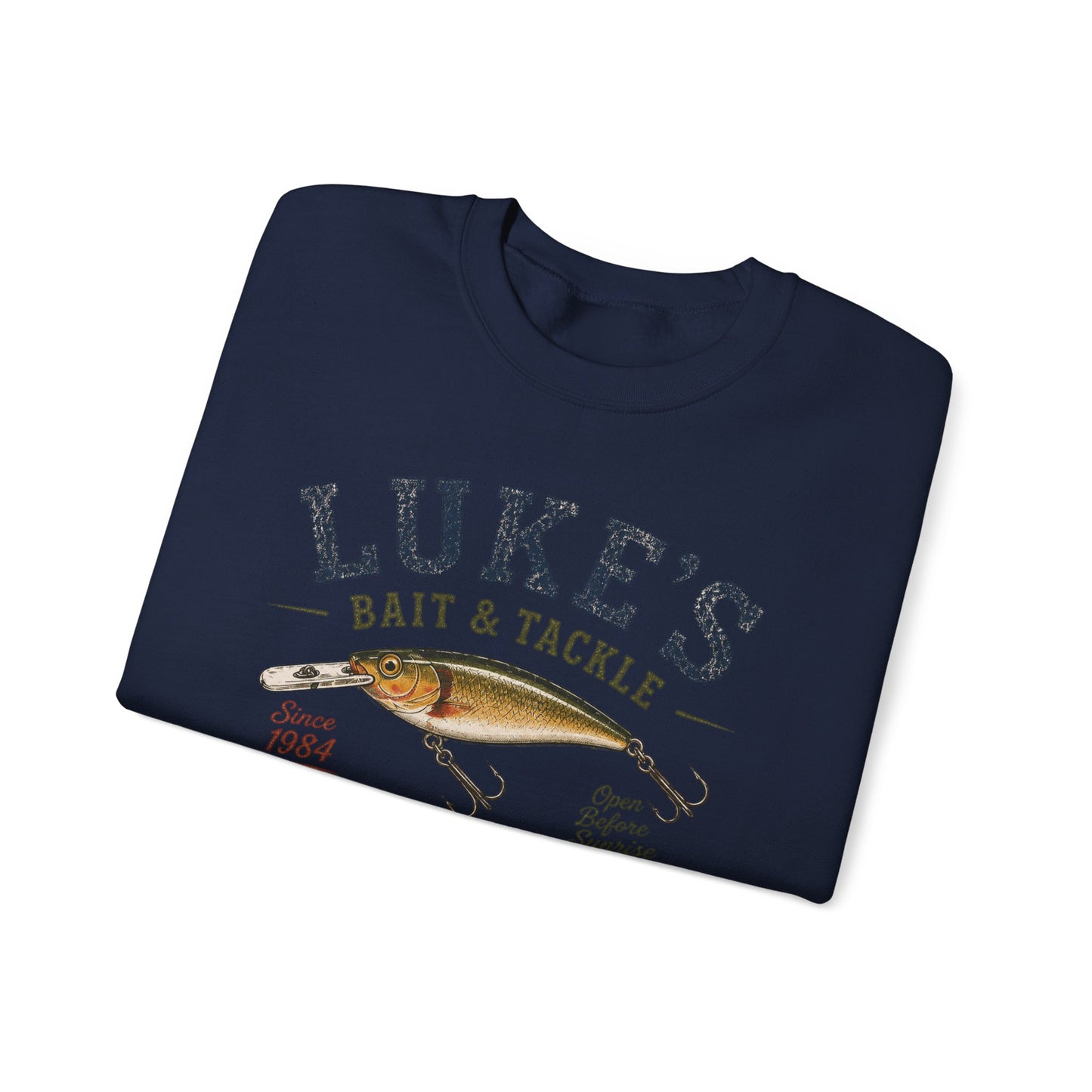 Luke’s Bait & Tackle Crewneck Sweatshirt — Vintage Fishing Shop Pullover