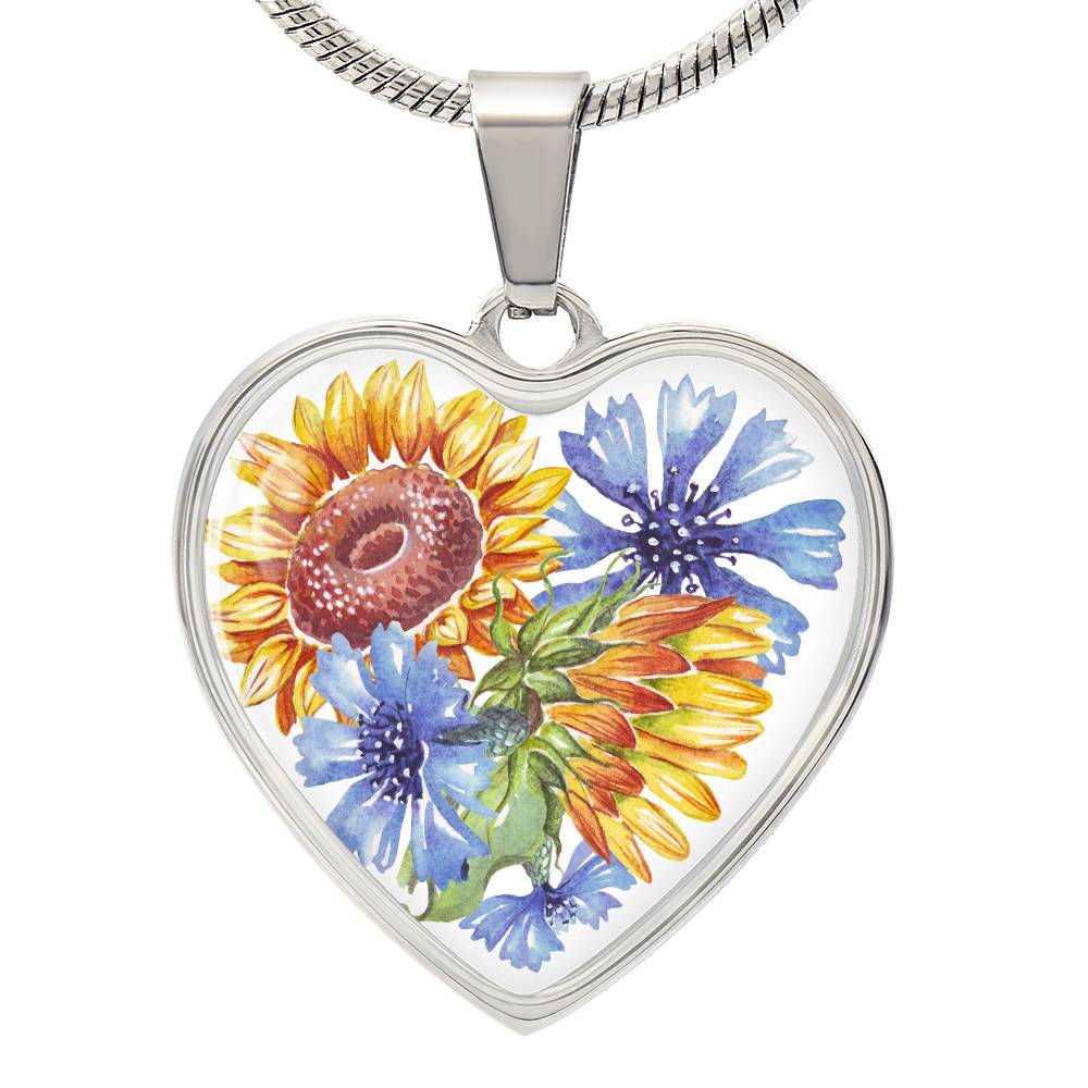 Sunflowers and Blue Cornflowers Heart Pendant