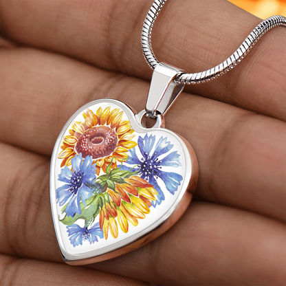 Sunflowers and Blue Cornflowers Heart Pendant