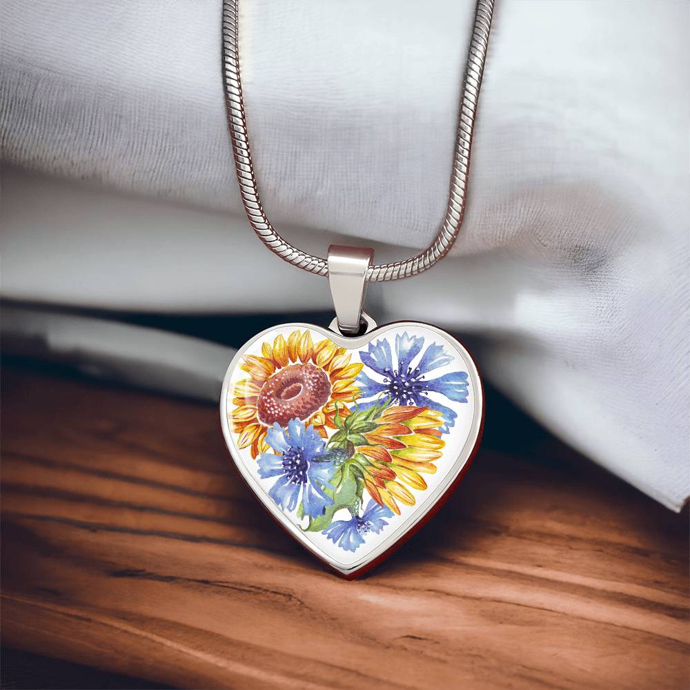 Sunflowers and Blue Cornflowers Heart Pendant