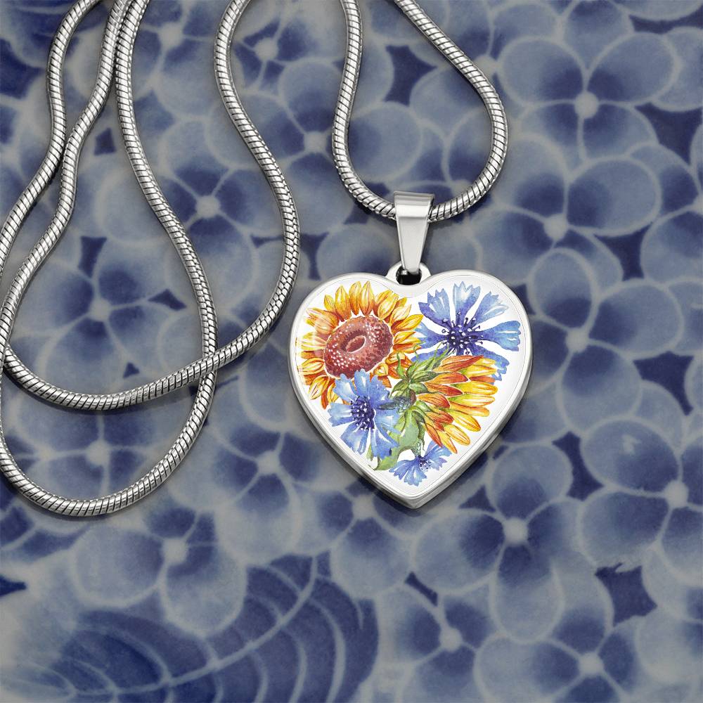 Sunflowers and Blue Cornflowers Heart Pendant