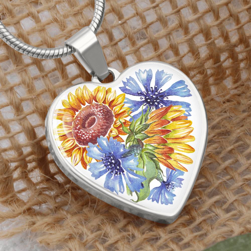 Sunflowers and Blue Cornflowers Heart Pendant