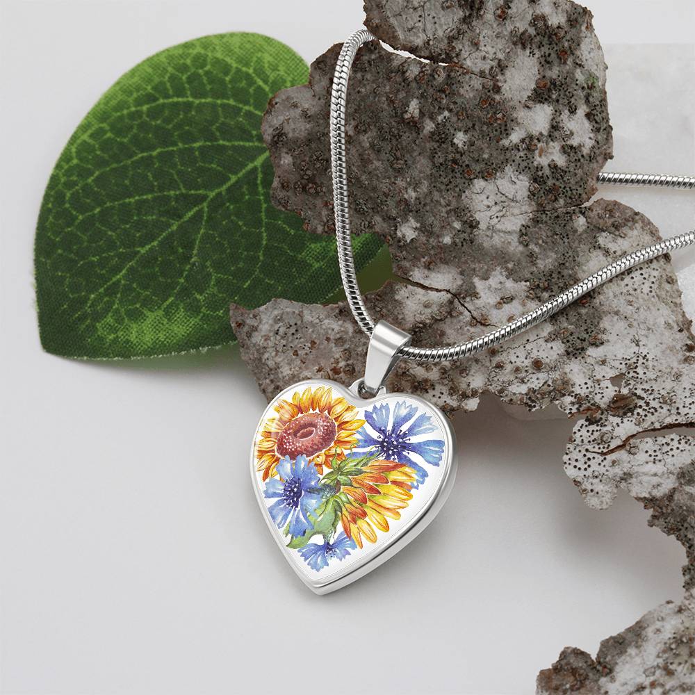 Sunflowers and Blue Cornflowers Heart Pendant