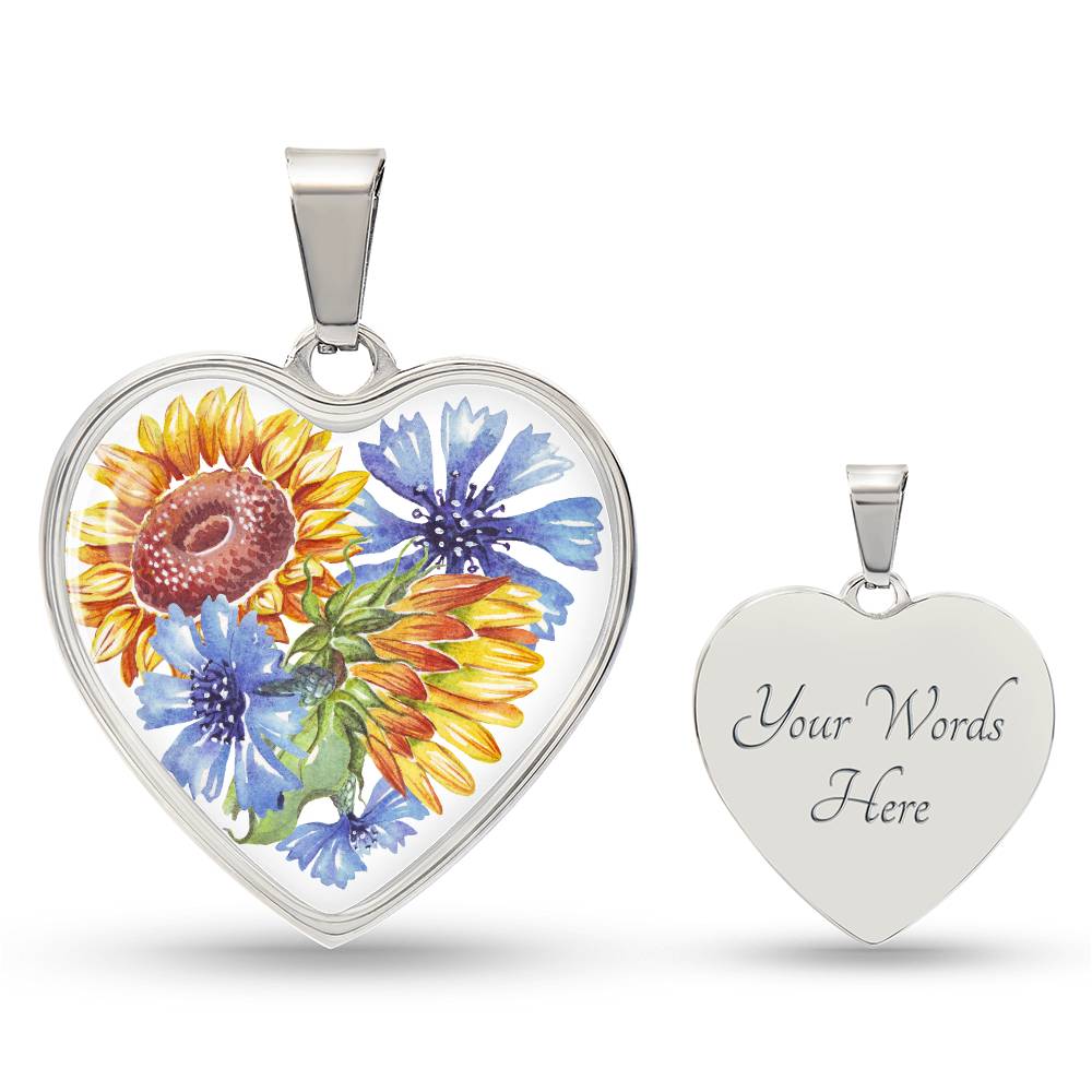 Sunflowers and Blue Cornflowers Heart Pendant
