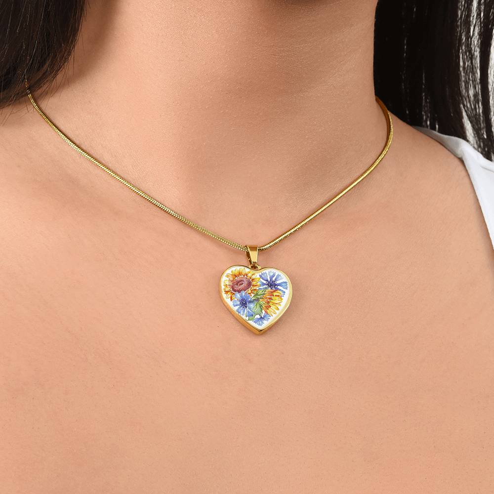 Sunflowers and Blue Cornflowers Heart Pendant