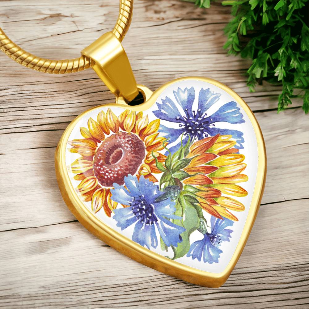 Sunflowers and Blue Cornflowers Heart Pendant