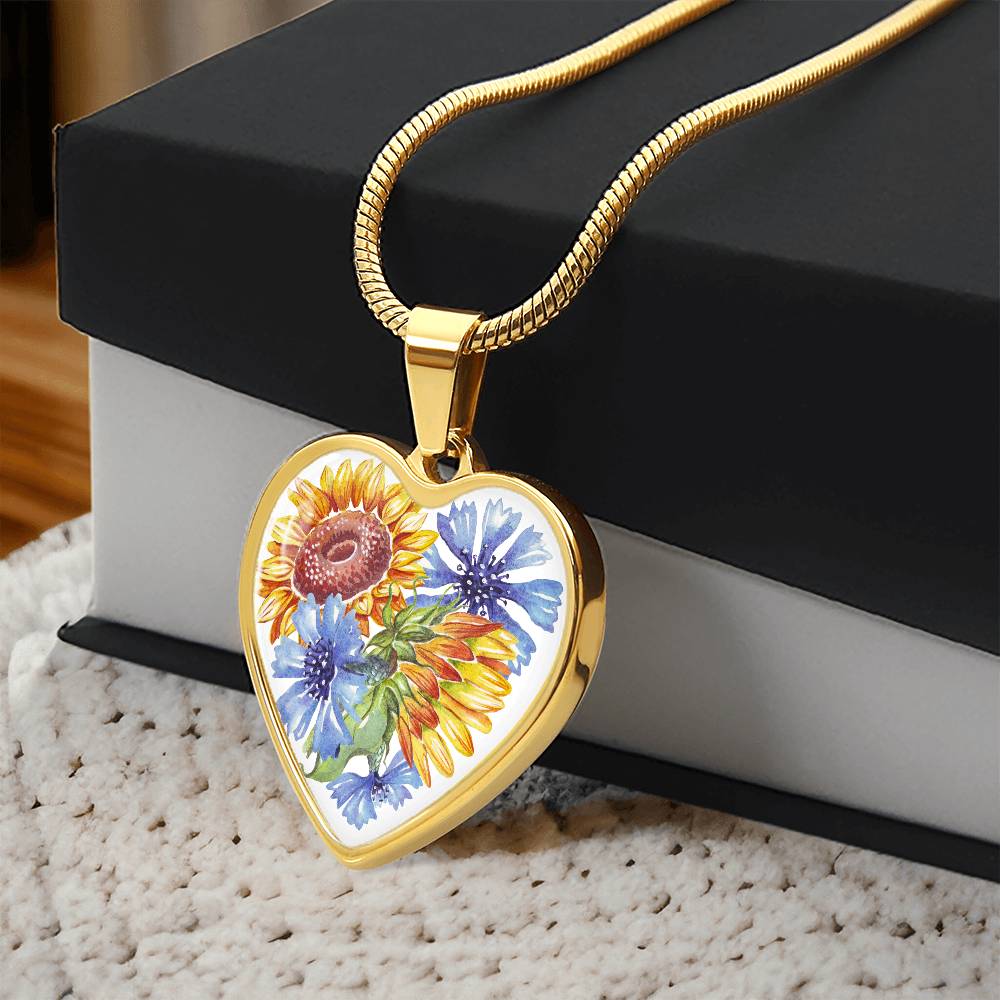 Sunflowers and Blue Cornflowers Heart Pendant