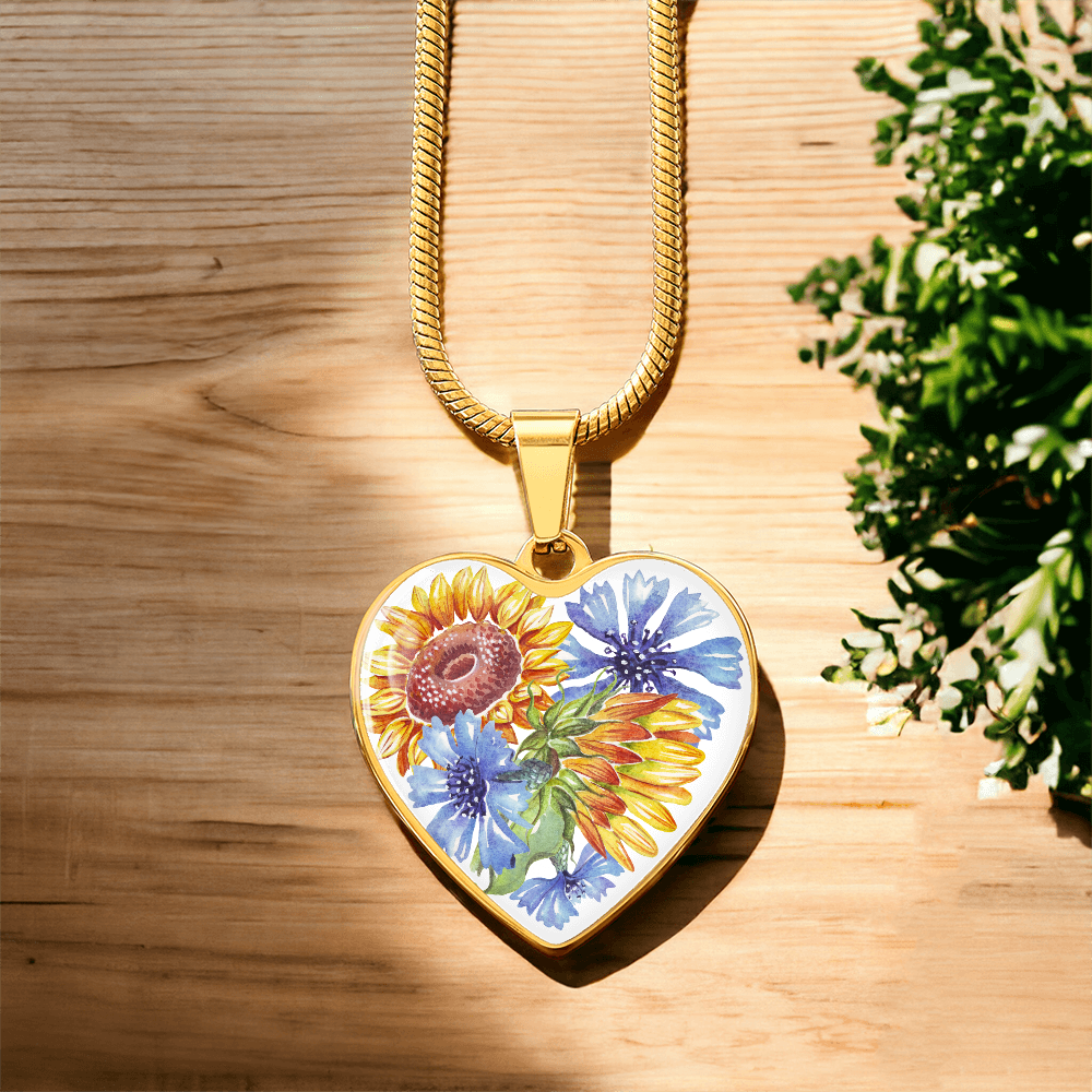 Sunflowers and Blue Cornflowers Heart Pendant