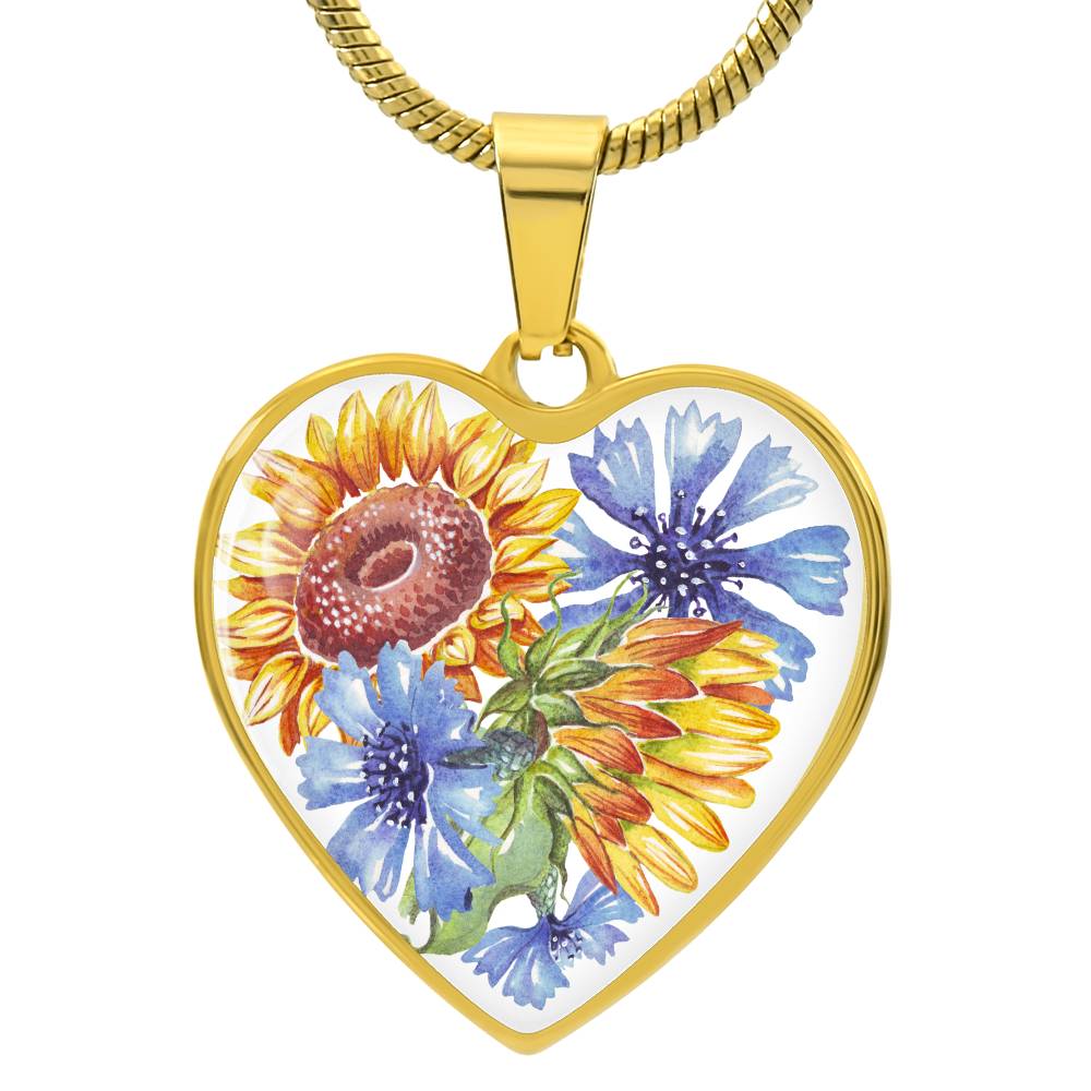 Sunflowers and Blue Cornflowers Heart Pendant