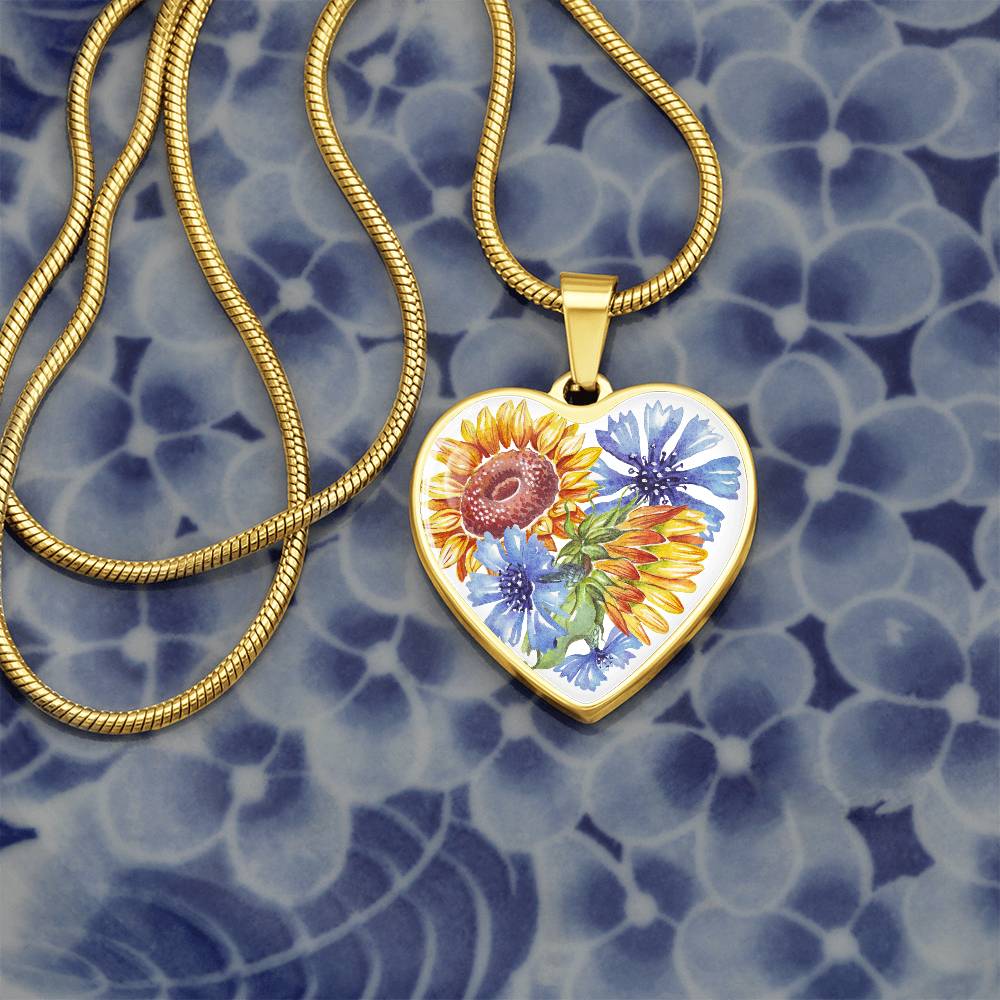 Sunflowers and Blue Cornflowers Heart Pendant