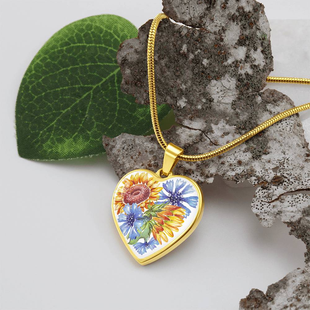 Sunflowers and Blue Cornflowers Heart Pendant