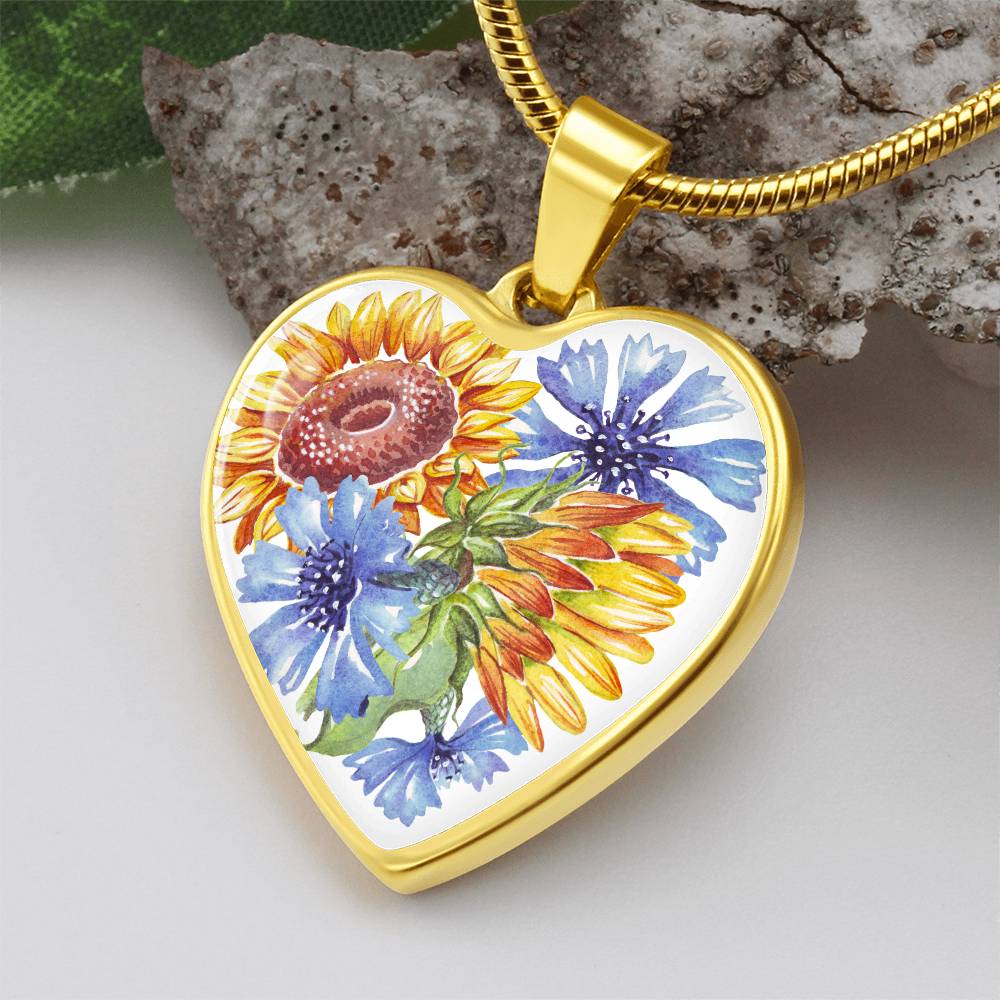 Sunflowers and Blue Cornflowers Heart Pendant
