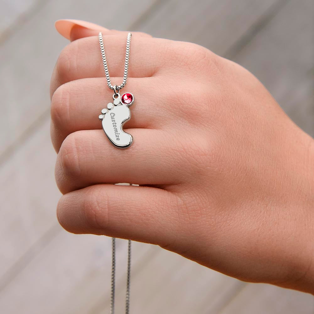 Mama to be new baby gift with engraved birthstone foot pendamt