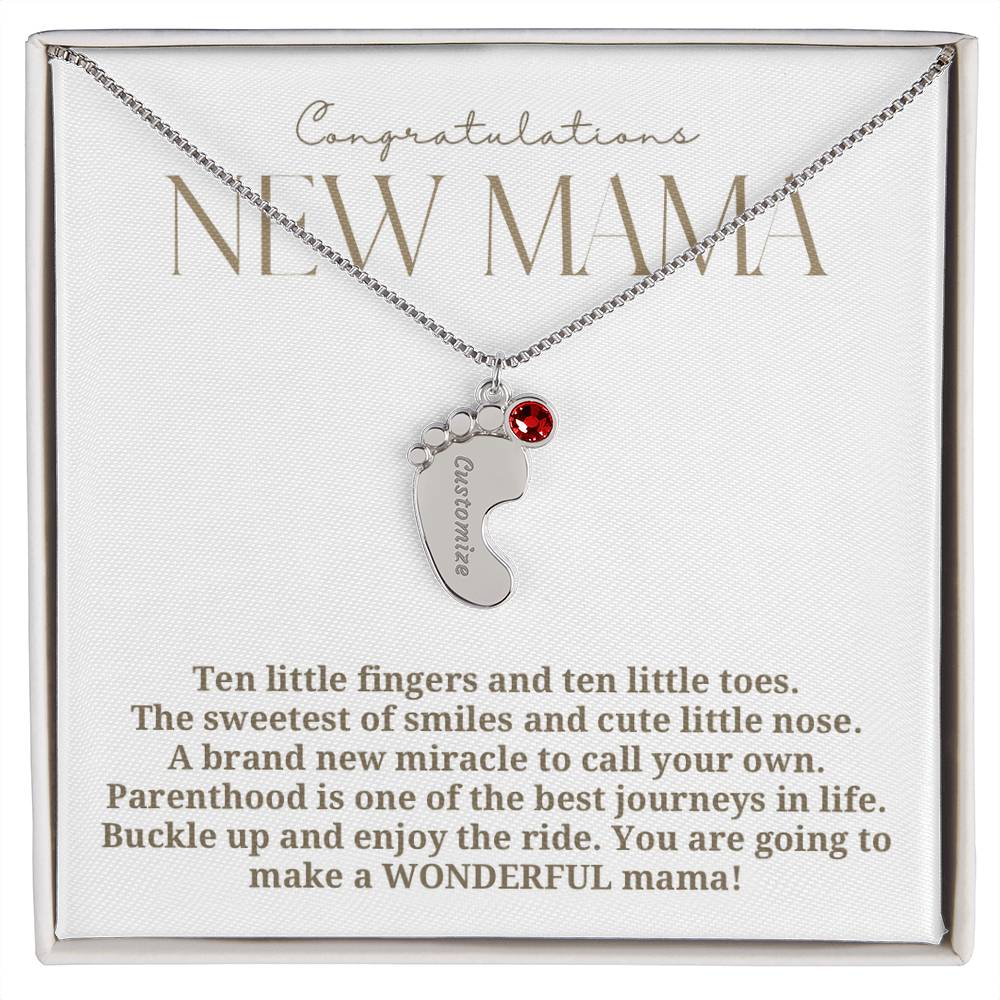 Elegant modern minimalist New Mom Baby feet necklace with birthstone