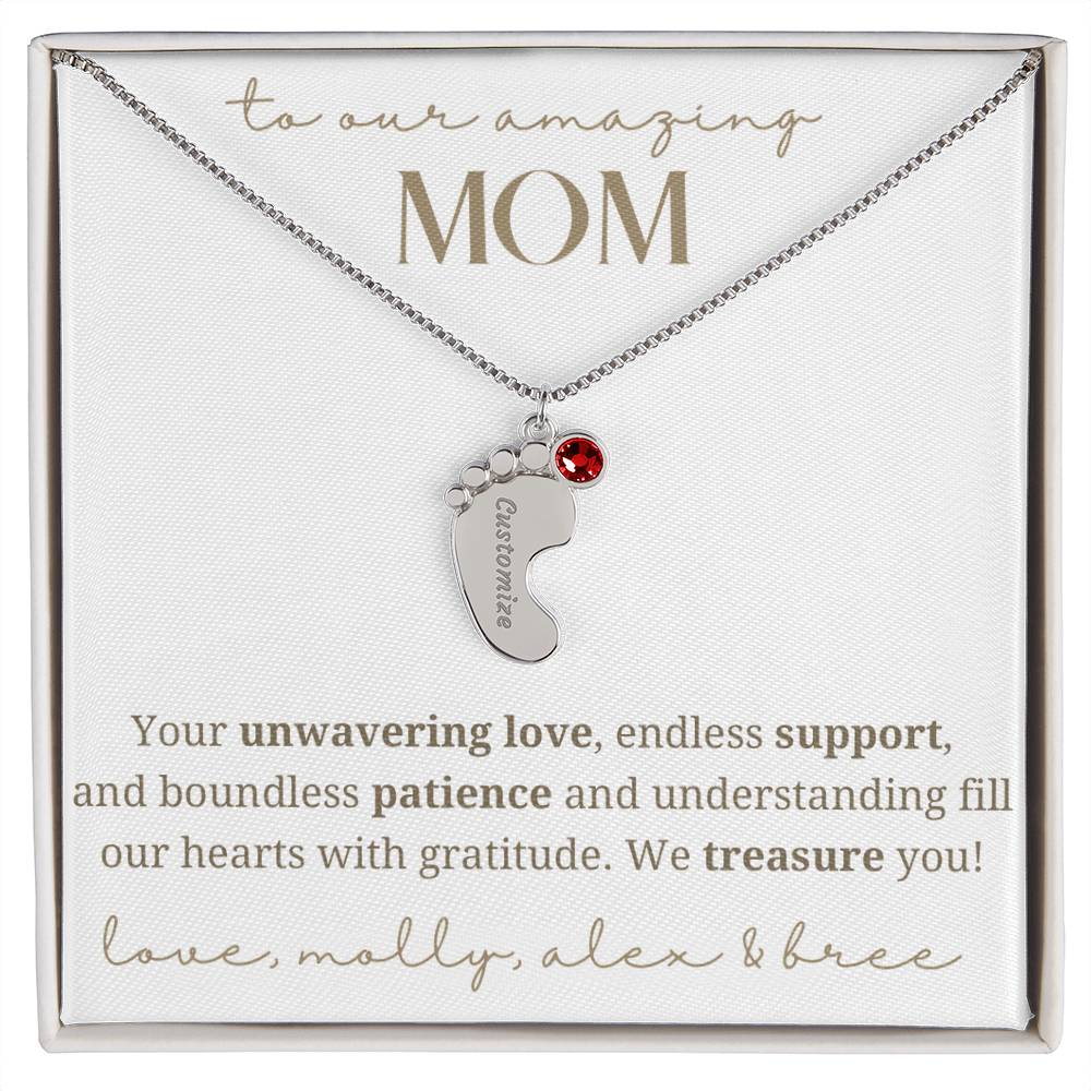 To Our Mom Baby Foot Birthstone Necklace