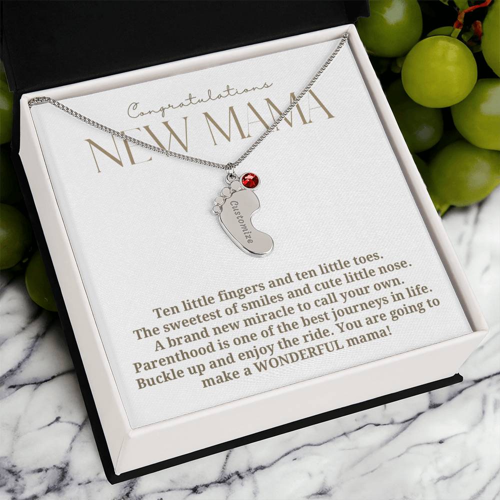 Elegant modern minimalist New Mom Baby feet necklace with birthstone