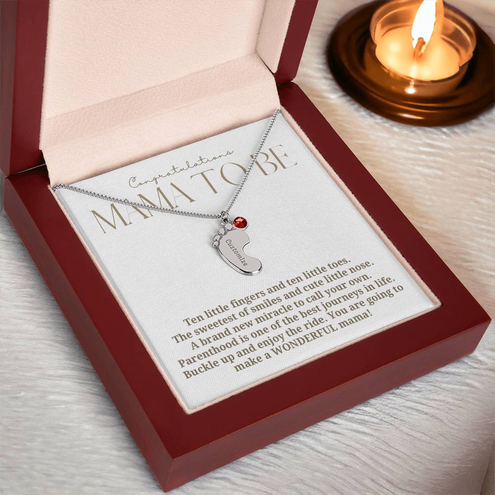 Mama to be new baby gift with engraved birthstone foot pendamt